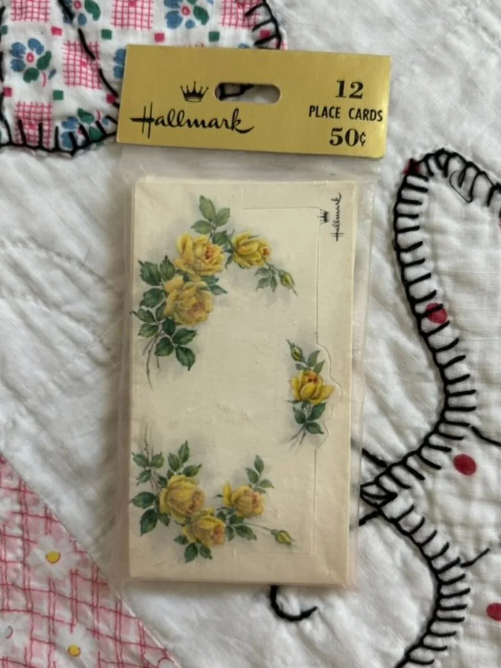 Vintage Hallmark floral place cards, featuring yellow roses in a set of 12 NOS